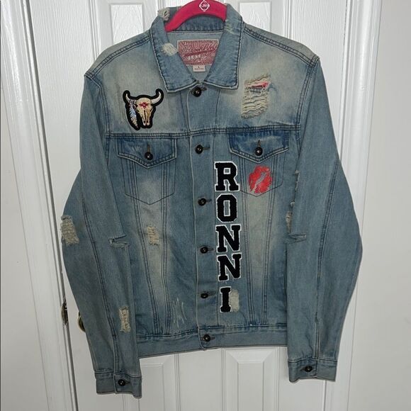 Distressed Denim Jacket with Patches - Picture 1 of 6